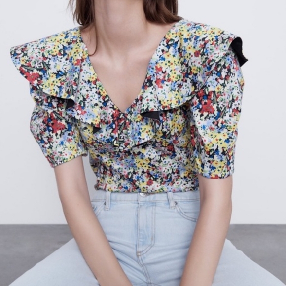 Zara Women's Printed Poplin Floral Ruffle Bodysuit Romantic Feminine Size XS - Picture 10 of 10